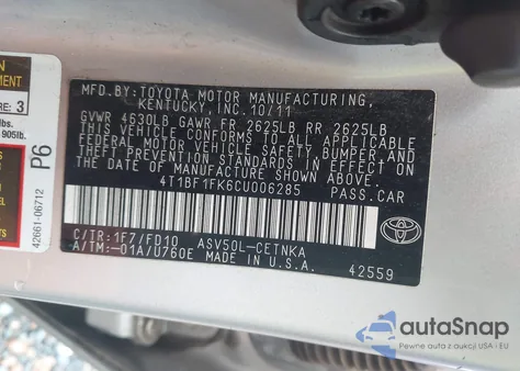 2012 Toyota Camry Le из США, поврежденный, VIN 4T1BF1FK6CU006285